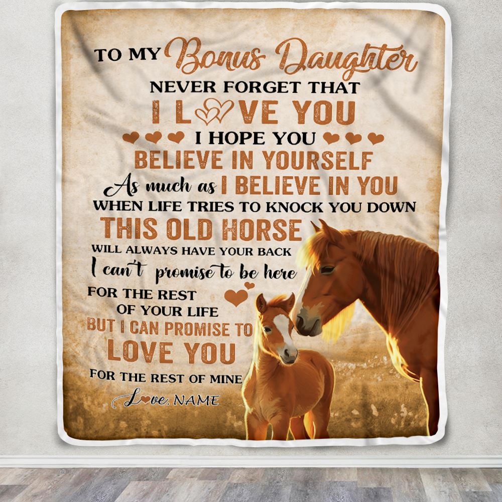 Personalized To My Bonus Daughter Blanket From Step Mom Dad This Old Horse Love Stepdaughter Birthday Gifts Graduation Customized Christmas Fleece Blanket | siriusteestore