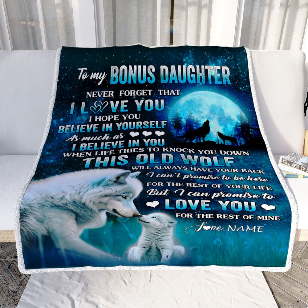 Personalized To My Bonus Daughter Blanket From Step Mom Dad This Old Wolf Love Stepdaughter Birthday Gifts Graduation Customized Christmas Bed Fleece Blanket | siriusteestore