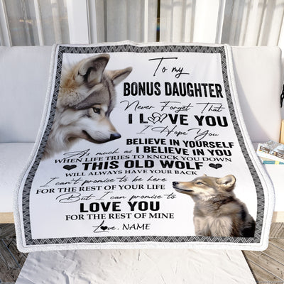 Personalized To My Bonus Daughter Blanket From Step Mom Dad This Old Wolf Love You Stepdaughter Birthday Gifts Graduation Christmas Customized Fleece Blanket | siriusteestore