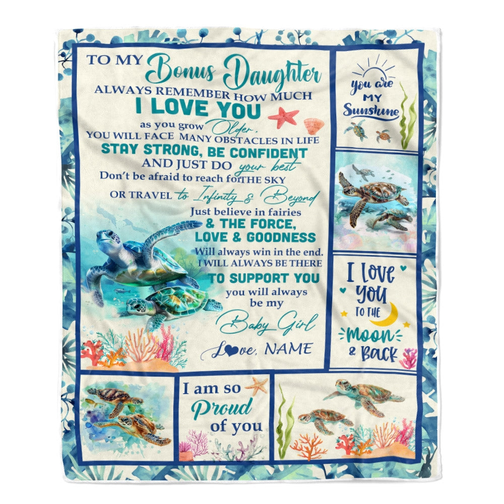 Personalized To My Bonus Daughter Blanket From Step Mom Turtle Always Remember How Much I Love Stepdaughter Birthday Christmas Customized Fleece Throw Blanket | siriusteestore