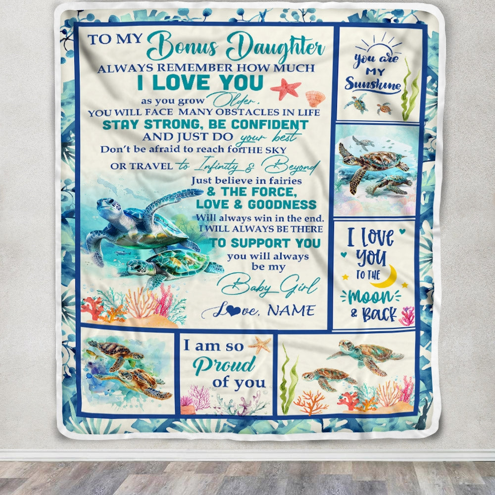 Personalized To My Bonus Daughter Blanket From Step Mom Turtle Always Remember How Much I Love Stepdaughter Birthday Christmas Customized Fleece Throw Blanket | siriusteestore
