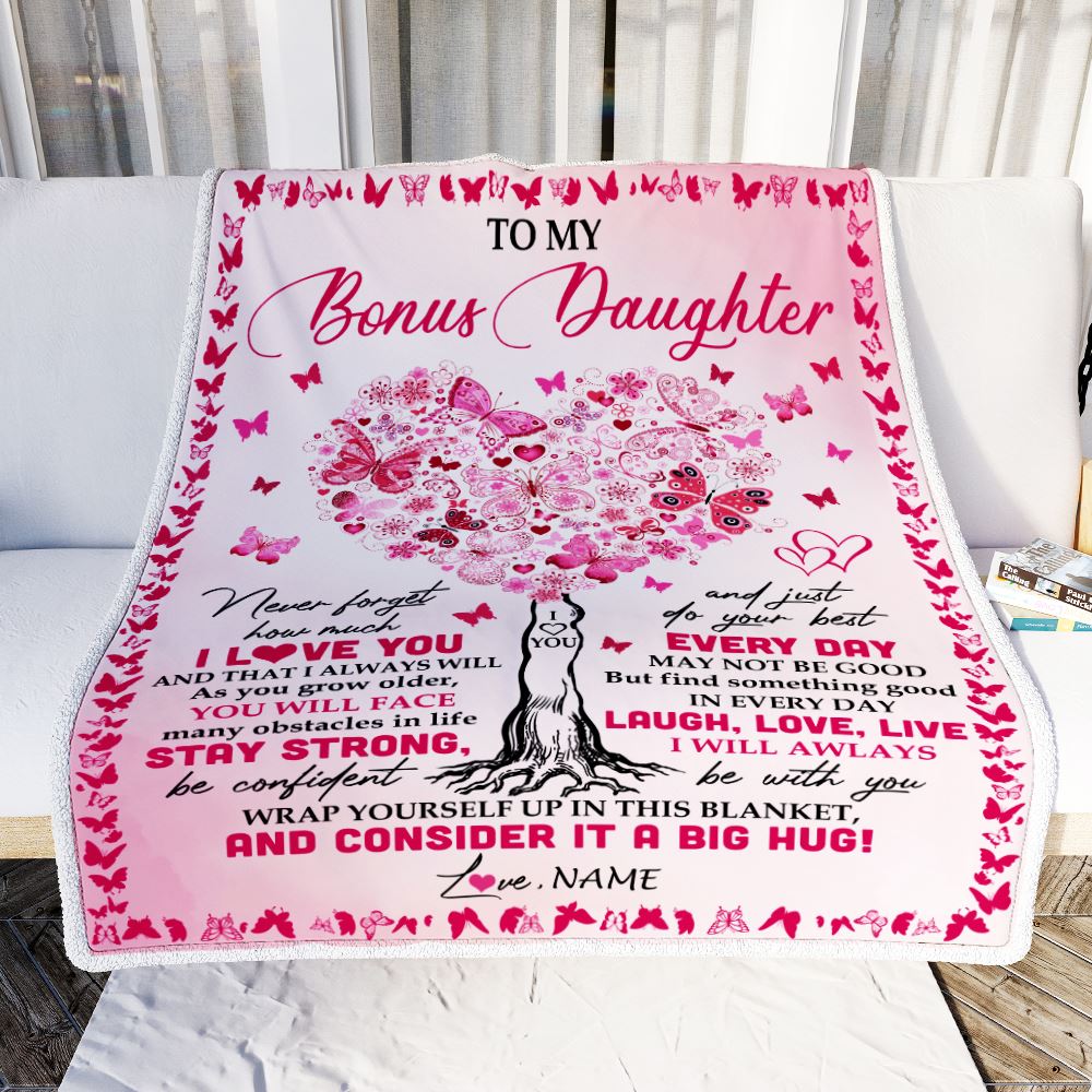 Personalized To My Bonus Daughter Blanket From Stepmom Butterfly Laugh Love Live Stepdaughter Birthday Christmas Customized Fleece Blanket | siriusteestore