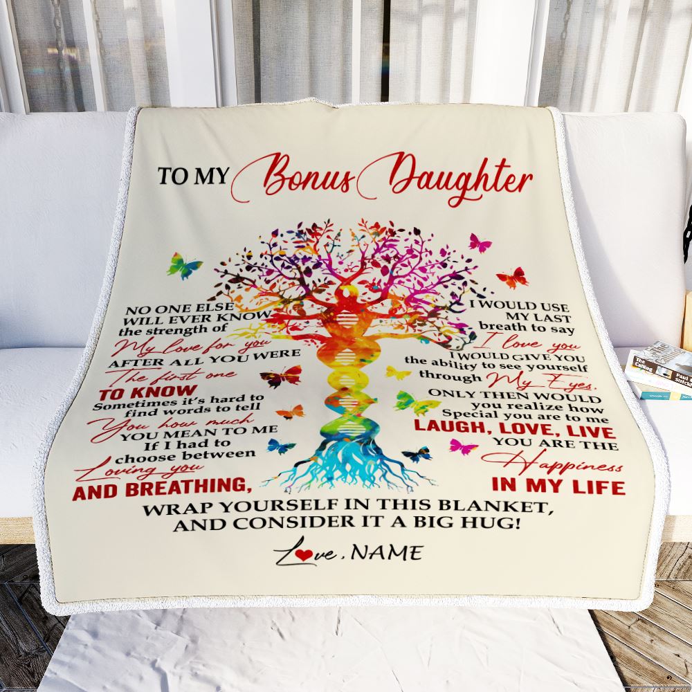 Personalized To My Bonus Daughter Blanket From Stepmom DNA Colorful Tree Stepdaughter Birthday Celebrating Graduation Christmas Customized Gift Fleece Blanket | siriusteestore