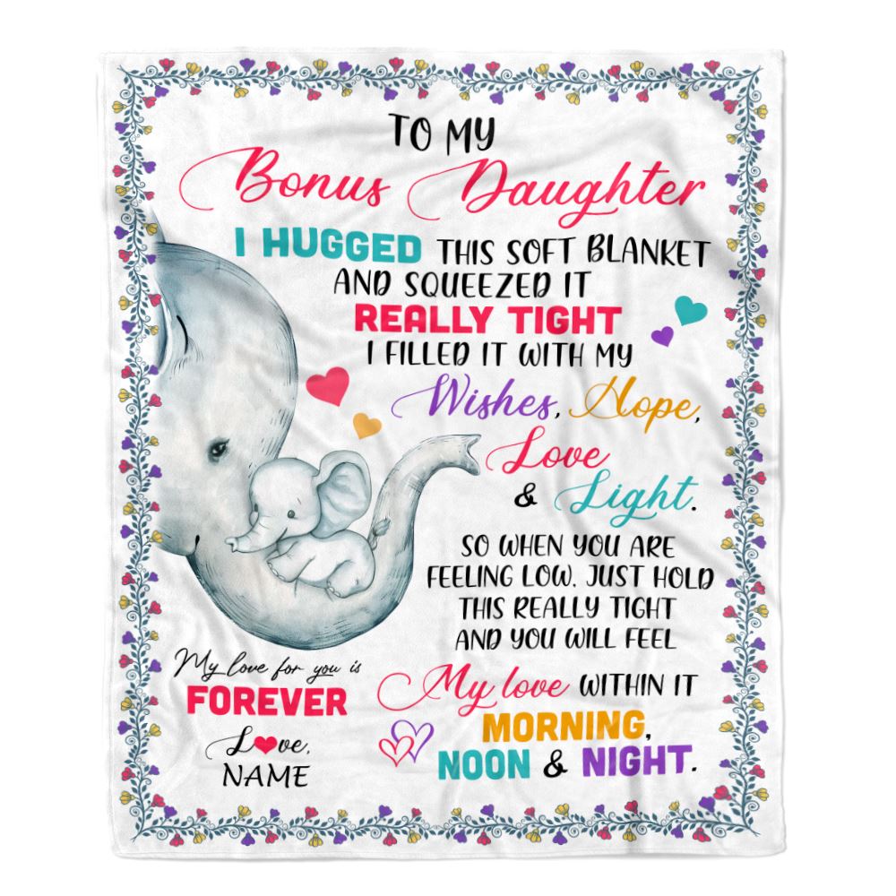 Personalized To My Bonus Daughter Blanket From Stepmom Elephant I Huggest This Soft Blanket Stepdaughter Birthday Christmas Customized Fleece Blanket | siriusteestore