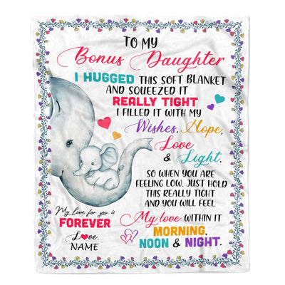 Personalized To My Bonus Daughter Blanket From Stepmom Elephant I Huggest This Soft Blanket Stepdaughter Birthday Christmas Customized Fleece Blanket | siriusteestore