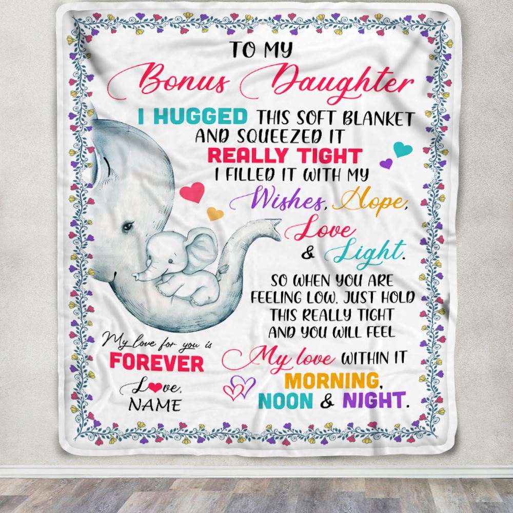 Personalized To My Bonus Daughter Blanket From Stepmom Elephant I Huggest This Soft Blanket Stepdaughter Birthday Christmas Customized Fleece Blanket | siriusteestore