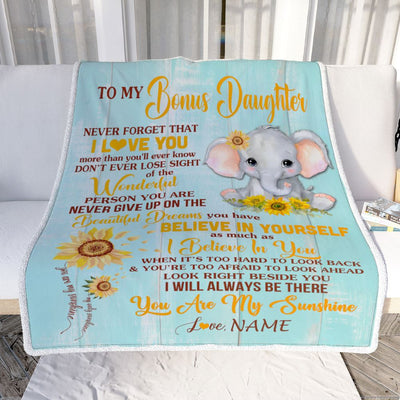 Personalized To My Bonus Daughter Blanket From Stepmom Elephant Sunflower Never Forget I Love You Stepdaughter Birthday Christmas Customized Fleece Blanket | siriusteestore