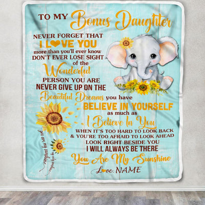 Personalized To My Bonus Daughter Blanket From Stepmom Elephant Sunflower Never Forget I Love You Stepdaughter Birthday Christmas Customized Fleece Blanket | siriusteestore