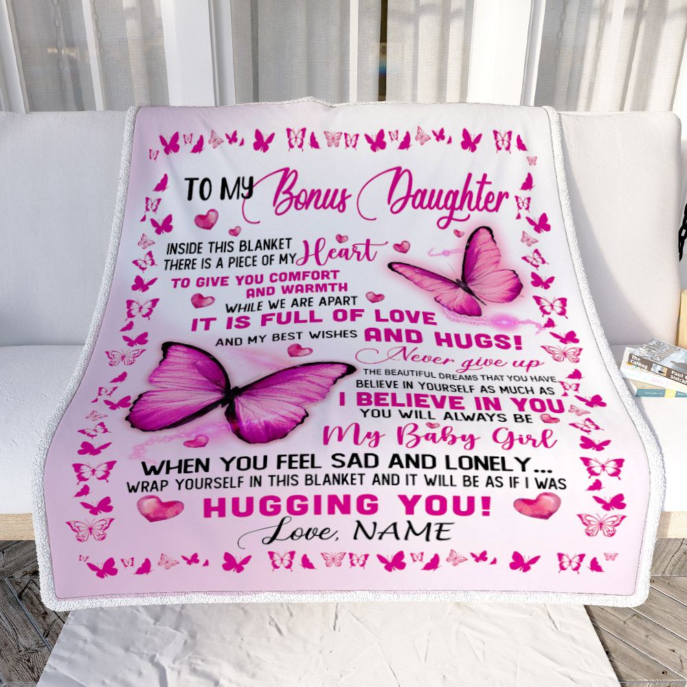 Personalized To My Bonus Daughter Blanket From Stepmom Inside This Blanket There Is A Piece Of My Heart For Stepdaughter Birthday Christmas Fleece Blanket | siriusteestore