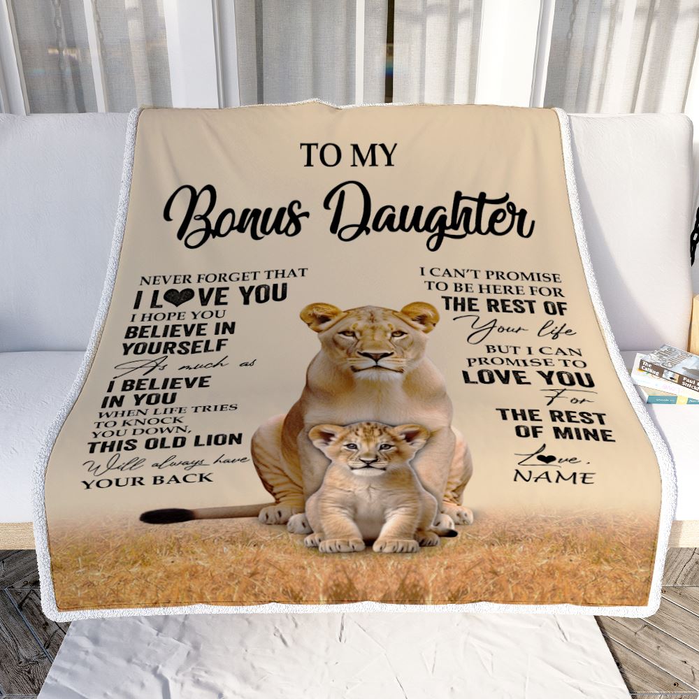 Personalized To My Bonus Daughter Blanket From Stepmom Lion Never Forget That I Love You Stepdaughter Birthday Gifts Christmas Customized Fleece Throw Blanket | siriusteestore
