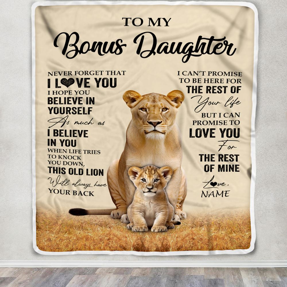Personalized To My Bonus Daughter Blanket From Stepmom Lion Never Forget That I Love You Stepdaughter Birthday Gifts Christmas Customized Fleece Throw Blanket | siriusteestore