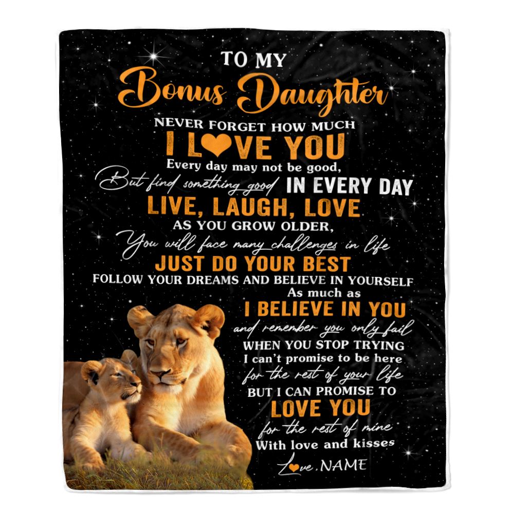 Personalized To My Bonus Daughter Blanket From Stepmom Live Laugh Love Lion Stepdaughter Birthday Gifts Positive Graduation Christmas Fleece Throw Blanket | siriusteestore