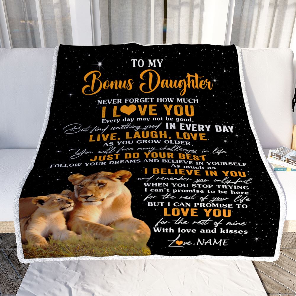 Personalized To My Bonus Daughter Blanket From Stepmom Live Laugh Love Lion Stepdaughter Birthday Gifts Positive Graduation Christmas Fleece Throw Blanket | siriusteestore