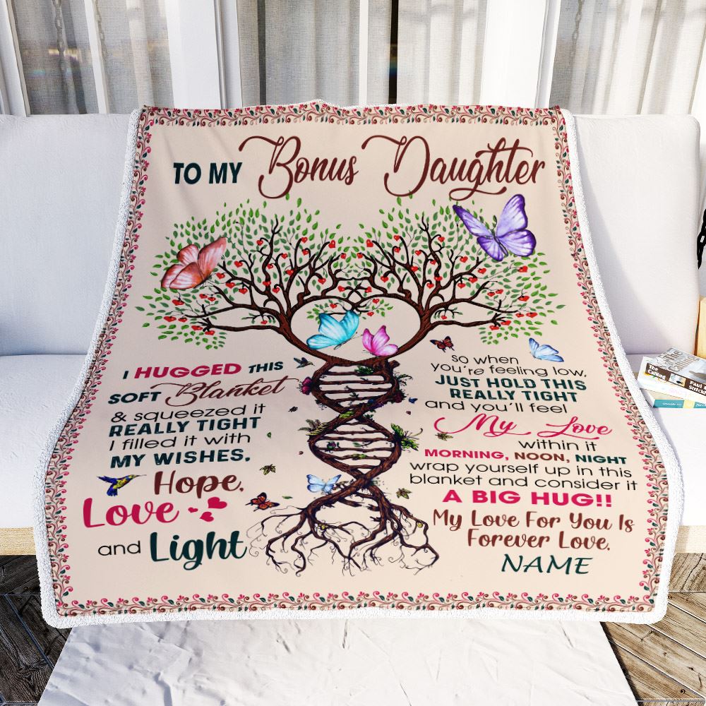 Personalized To My Bonus Daughter Blanket From Stepmom My Love Within It Morning Noon Night Butterfly Tree Stepdaughter Birthday Christmas Fleece Blanket | siriusteestore