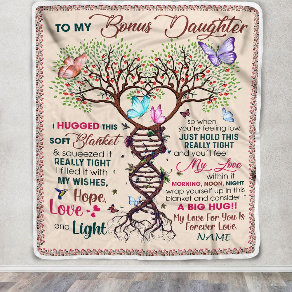Personalized To My Bonus Daughter Blanket From Stepmom My Love Within It Morning Noon Night Butterfly Tree Stepdaughter Birthday Christmas Fleece Blanket | siriusteestore