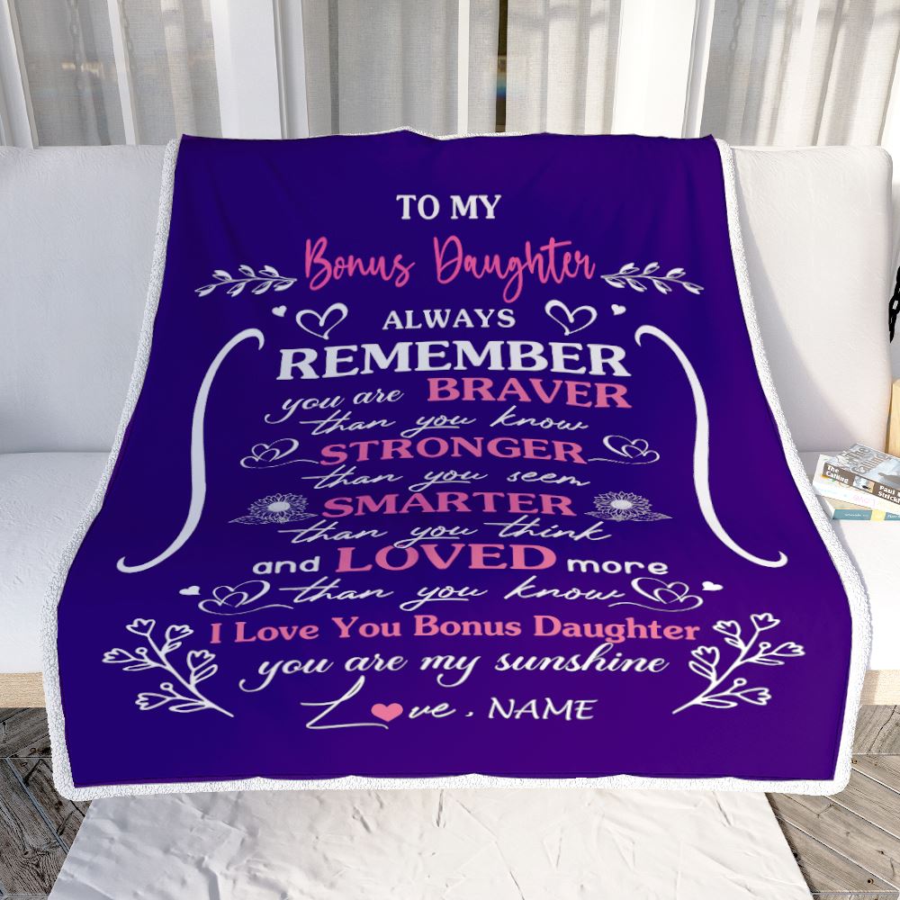 Personalized To My Bonus Daughter Blanket From Stepmom Stepdad Purple I Love You Stepdaughter Birthday Gifts Christmas Customized Bed Fleece Throw Blanket | siriusteestore