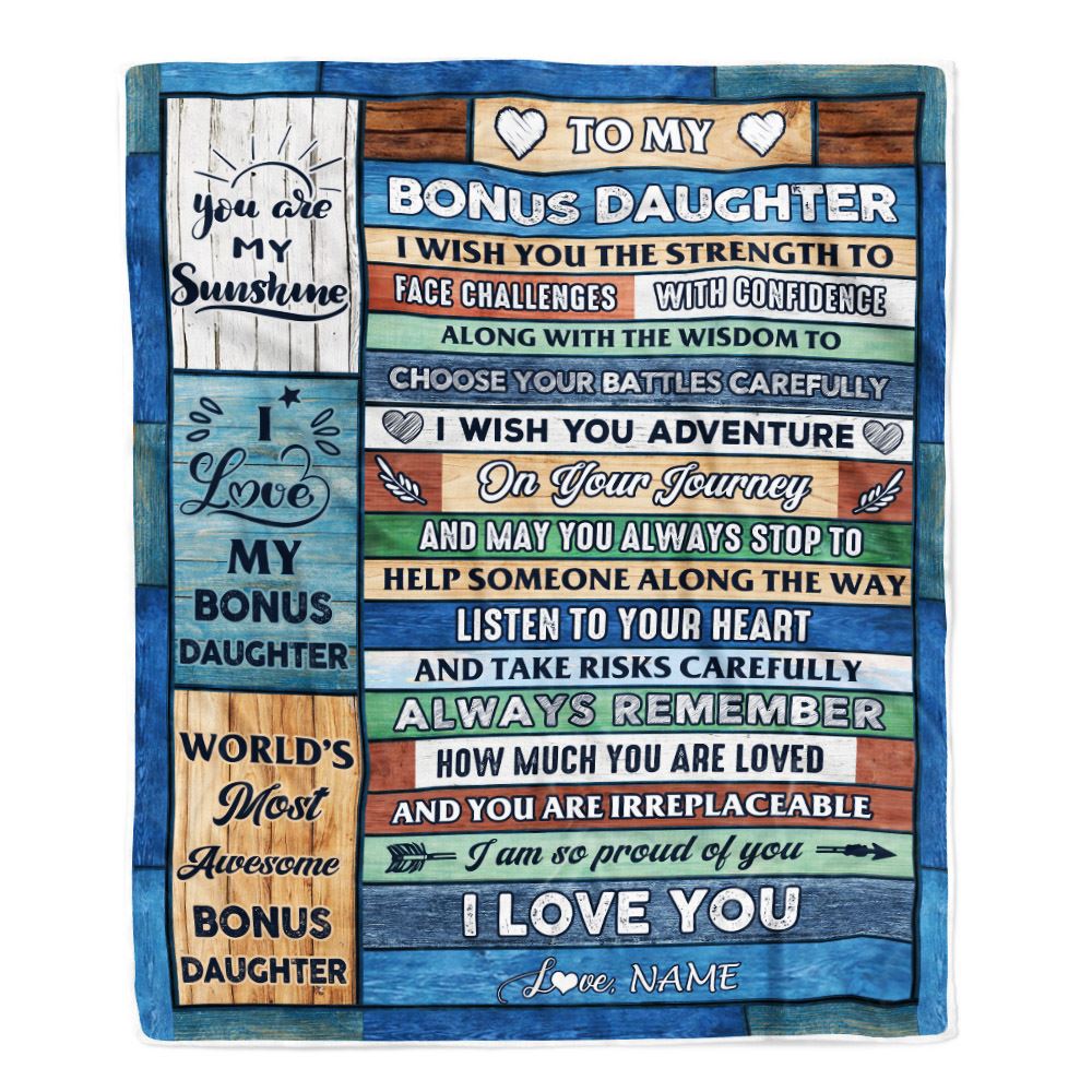 Personalized To My Bonus Daughter Blanket From Stepmom Stepdad Wood Remember To Be Awesome Stepdaughter Birthday Graduation Christmas Customized Fleece Blanket | siriusteestore