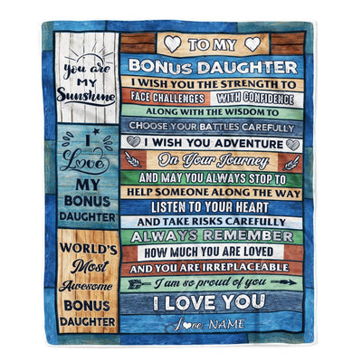 Personalized To My Bonus Daughter Blanket From Stepmom Stepdad Wood Remember To Be Awesome Stepdaughter Birthday Graduation Christmas Customized Fleece Blanket | siriusteestore