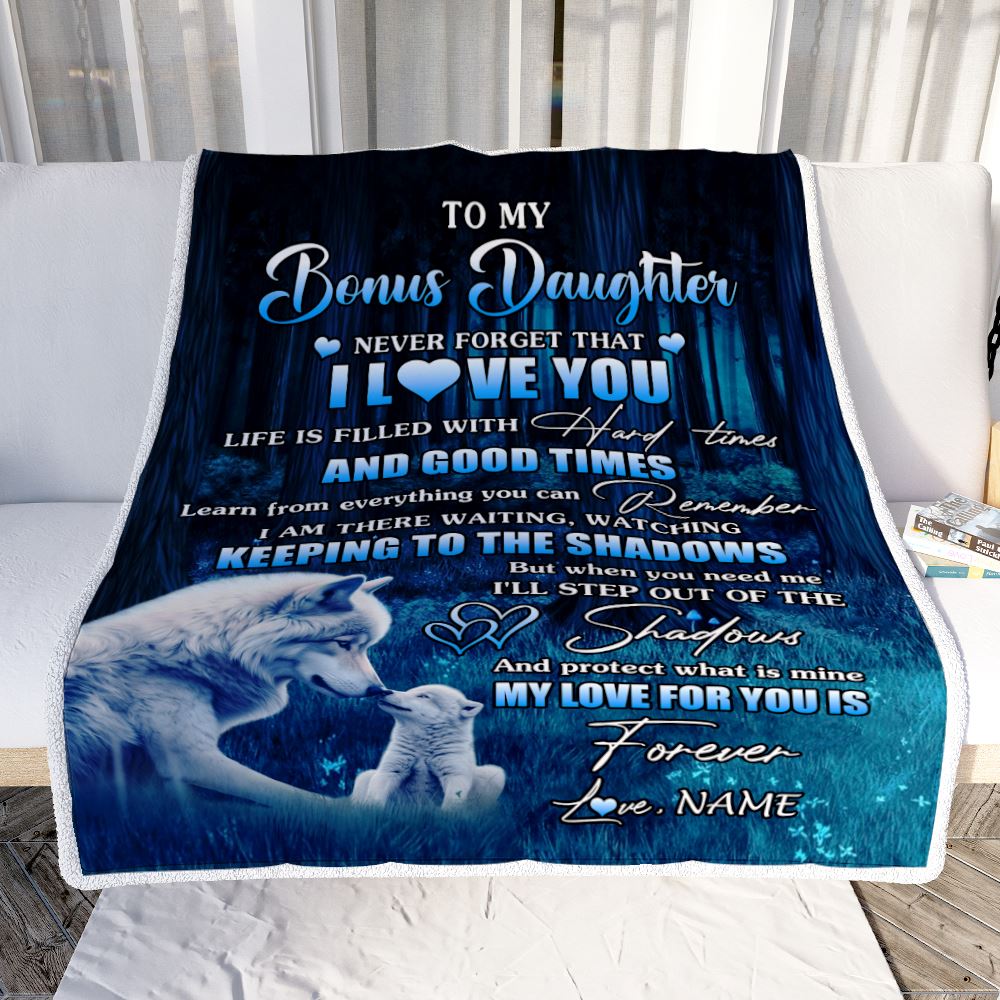 Personalized To My Bonus Daughter Blanket From Stepmom Wolf Never Forget That I Love You Moon Dark Forest Stepdaughter Birthday Gifts Christmas Fleece Blanket | siriusteestore