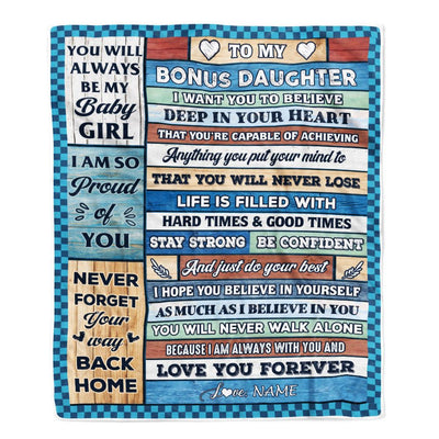 Personalized To My Bonus Daughter Blanket From Stepmom Wood Gifts For Stepdaughter Going To College Birthday Graduation Christmas Customized Fleece Throw Blanket | siriusteestore