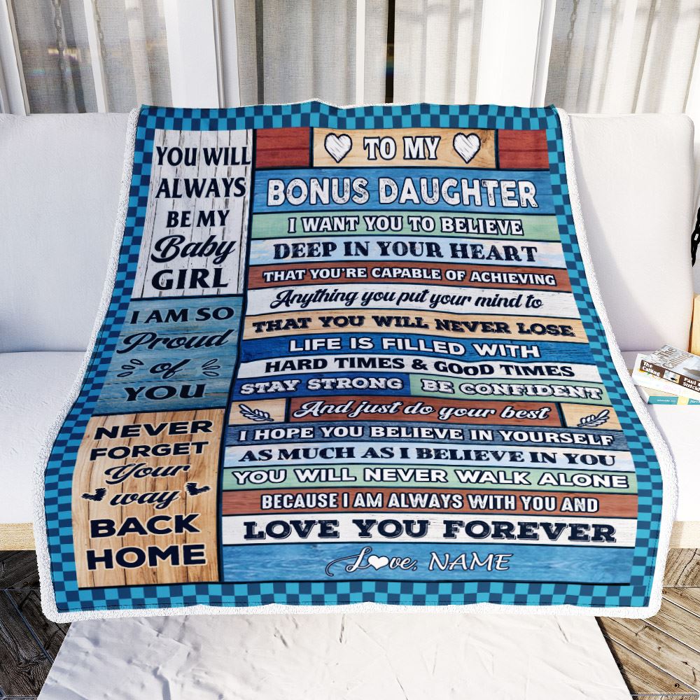 Personalized To My Bonus Daughter Blanket From Stepmom Wood Gifts For Stepdaughter Going To College Birthday Graduation Christmas Customized Fleece Throw Blanket | siriusteestore