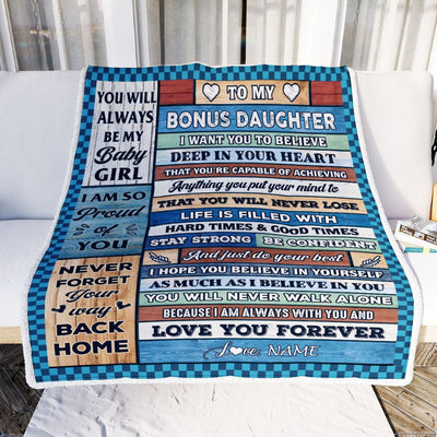Personalized To My Bonus Daughter Blanket From Stepmom Wood Gifts For Stepdaughter Going To College Birthday Graduation Christmas Customized Fleece Throw Blanket | siriusteestore