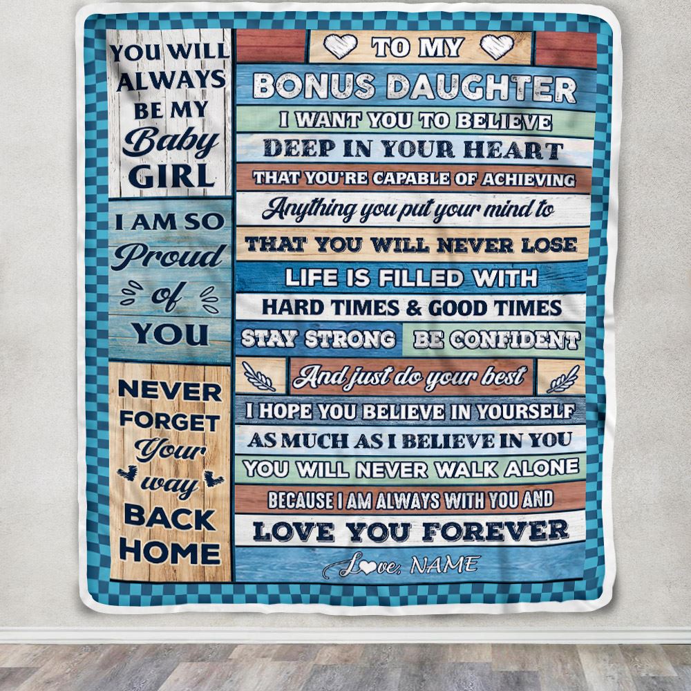 Personalized To My Bonus Daughter Blanket From Stepmom Wood Gifts For Stepdaughter Going To College Birthday Graduation Christmas Customized Fleece Throw Blanket | siriusteestore
