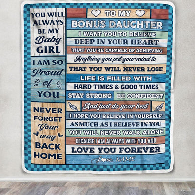 Personalized To My Bonus Daughter Blanket From Stepmom Wood Gifts For Stepdaughter Going To College Birthday Graduation Christmas Customized Fleece Throw Blanket | siriusteestore