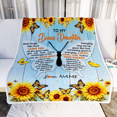 Personalized To My Bonus Daughter Blanket From Stepmom Wood I Love You Butterfly Birthday Gifts Stepdaughter Graduation Christmas Customized Fleece Blanket | siriusteestore