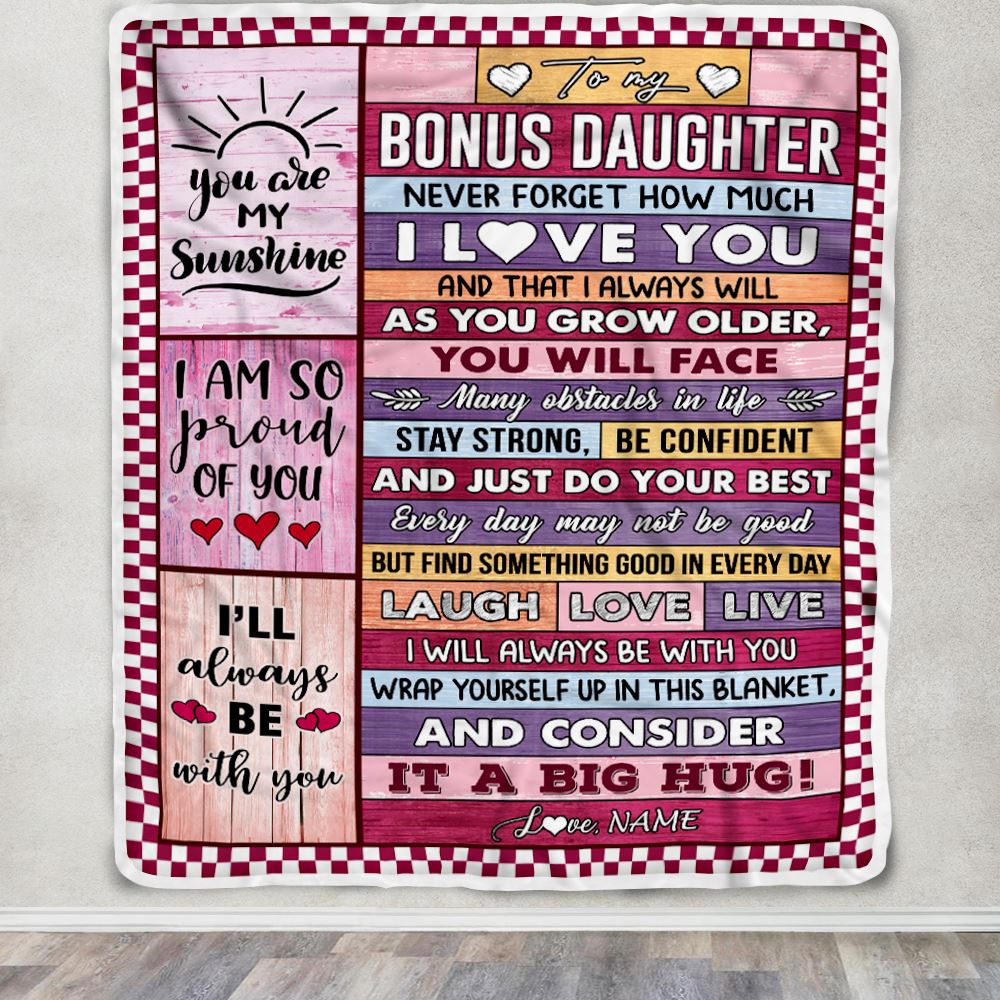 Personalized To My Bonus Daughter Blanket From Stepmom Wood Never Forget How Much I Love You Stepdaughter Birthday Christmas Customized Fleece Blanket | siriusteestore