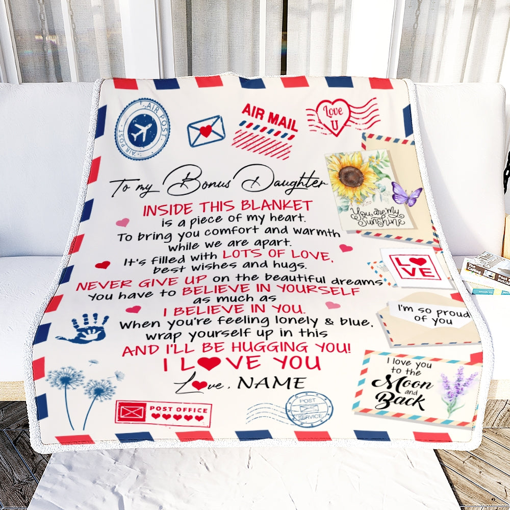 Personalized To My Bonus Daughter Blanket From Stepmom You Are My Sunshine Air Mail Letter Stepdaughter Birthday Christmas Graduation Customized Fleece Blanket | siriusteestore