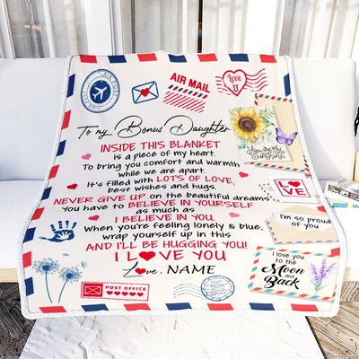 Personalized To My Bonus Daughter Blanket From Stepmom You Are My Sunshine Air Mail Letter Stepdaughter Birthday Christmas Graduation Customized Fleece Blanket | siriusteestore