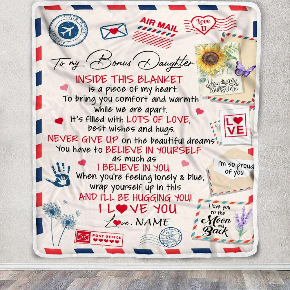 Personalized To My Bonus Daughter Blanket From Stepmom You Are My Sunshine Air Mail Letter Stepdaughter Birthday Christmas Graduation Customized Fleece Blanket | siriusteestore