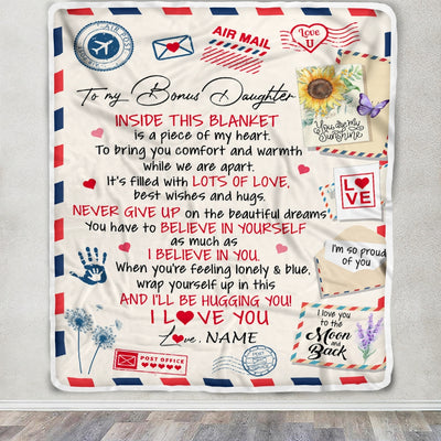 Personalized To My Bonus Daughter Blanket From Stepmom You Are My Sunshine Air Mail Letter Stepdaughter Birthday Christmas Graduation Customized Fleece Blanket | siriusteestore