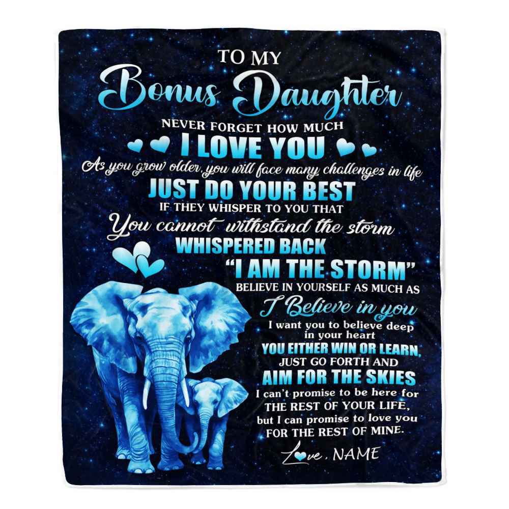 Personalized To My Bonus Daughter Blanket From Stepmother Elephant Never Forget I Love You Stepdaughter Birthday Gifts Christmas Customized Fleece Blanket | siriusteestore