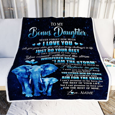Personalized To My Bonus Daughter Blanket From Stepmother Elephant Never Forget I Love You Stepdaughter Birthday Gifts Christmas Customized Fleece Blanket | siriusteestore