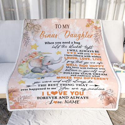 Personalized To My Bonus Daughter Blanket From Stepmother Flower Elephant Moon Stepdaughter Birthday Graduation Christmas Customized Fleece Throw Blanket | siriusteestore