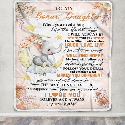 Personalized To My Bonus Daughter Blanket From Stepmother Flower Elephant Moon Stepdaughter Birthday Graduation Christmas Customized Fleece Throw Blanket | siriusteestore