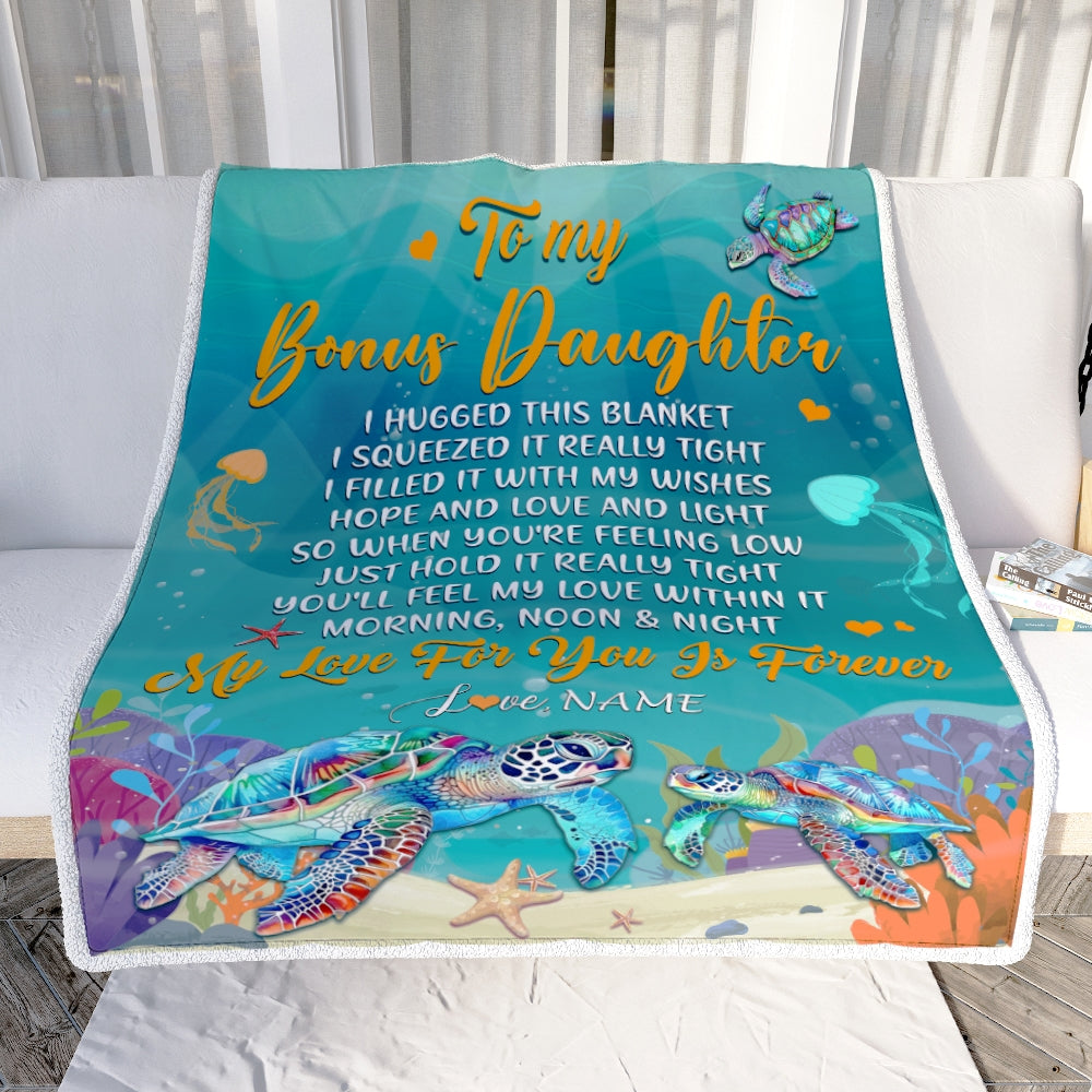 Personalized To My Bonus Daughter Blanket From Stepmother I Hugged This Blanket Turtle Beach Stepdaughter Birthday Christmas Customized Bed Fleece Blanket | siriusteestore