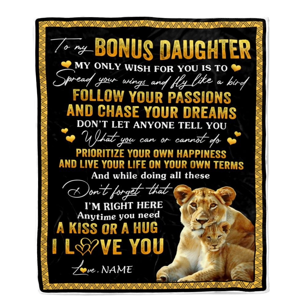 Personalized To My Bonus Daughter Blanket From Stepmother Lion My Only Wish For You Stepdaughter Birthday Graduation Christmas Customized Fleece Throw Blanket | siriusteestore