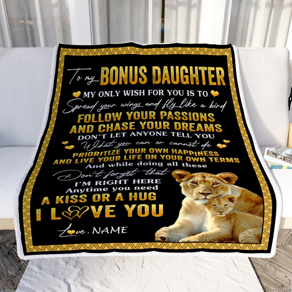 Personalized To My Bonus Daughter Blanket From Stepmother Lion My Only Wish For You Stepdaughter Birthday Graduation Christmas Customized Fleece Throw Blanket | siriusteestore
