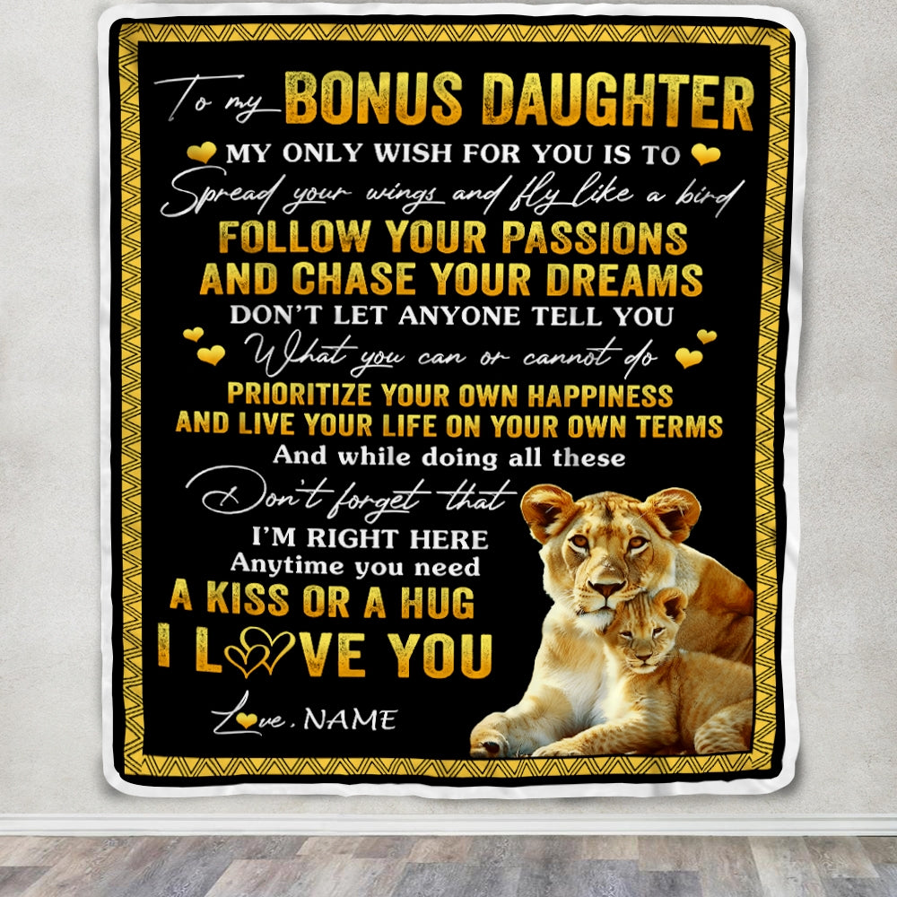 Personalized To My Bonus Daughter Blanket From Stepmother Lion My Only Wish For You Stepdaughter Birthday Graduation Christmas Customized Fleece Throw Blanket | siriusteestore
