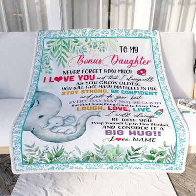 Personalized To My Bonus Daughter Blanket From Stepmother Never Forget I Love You Baby Girl Elephant Stepdaughter Birthday Christmas Customized Fleece Blanket | siriusteestore