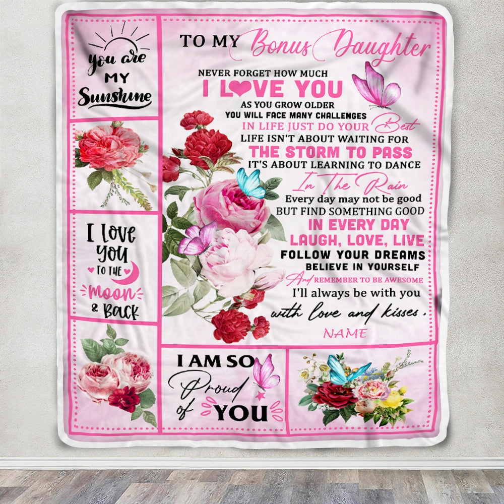 Personalized To My Bonus Daughter Blanket From Stepmother Never Forget I Love You Pink Butterfly Stepdaughter Birthday Christmas Customized Fleece Blanket | siriusteestore
