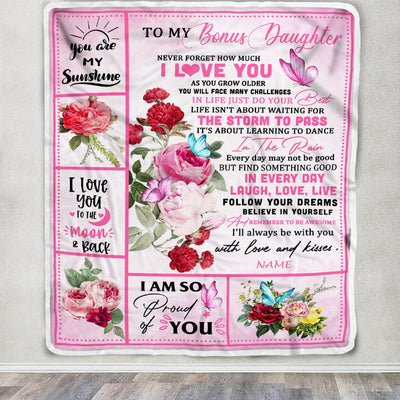 Personalized To My Bonus Daughter Blanket From Stepmother Never Forget I Love You Pink Butterfly Stepdaughter Birthday Christmas Customized Fleece Blanket | siriusteestore