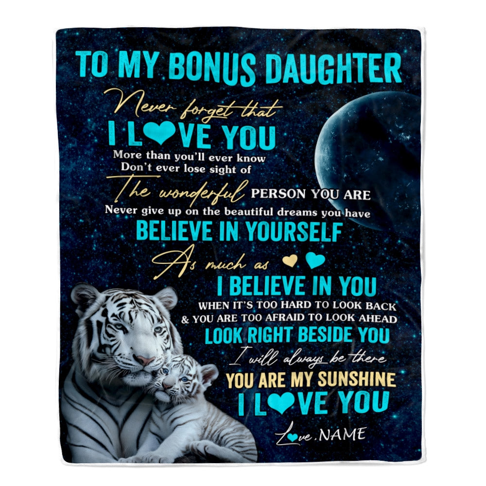 Personalized To My Bonus Daughter Blanket From Stepmother Never Forget I Love You White Tiger Stepdaughter Birthday Graduation Christmas Fleece Throw Blanket | siriusteestore