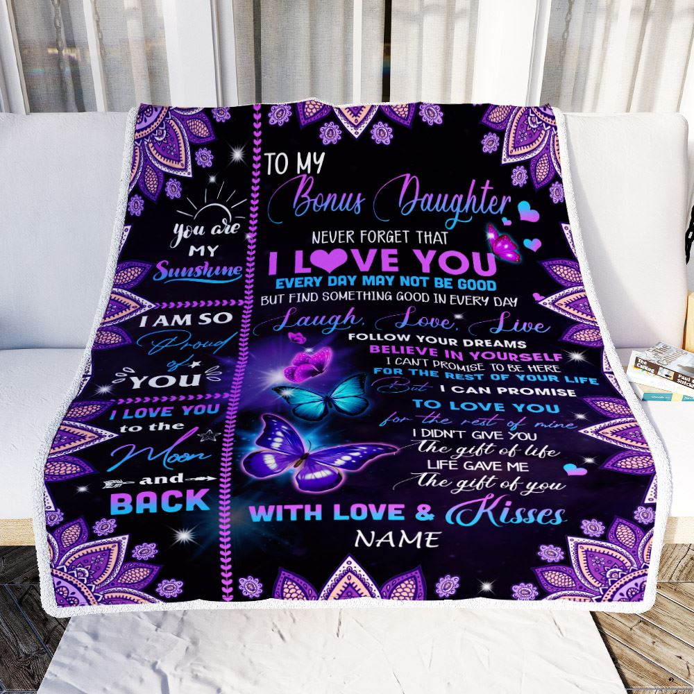 Personalized To My Bonus Daughter Blanket From Stepmother Never Forget That I Love You Butterfly Stepdaughter Birthday Christmas Customized Bed Fleece Blanket | siriusteestore