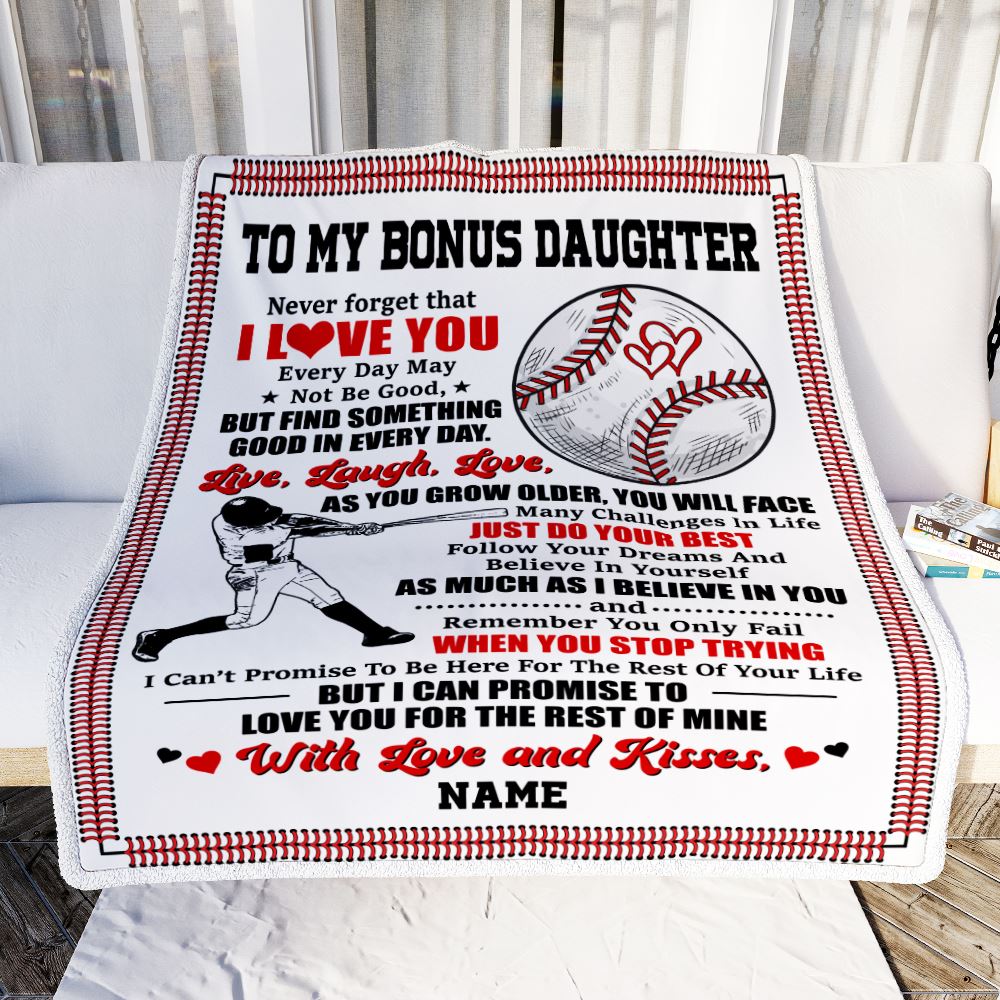 Personalized To My Bonus Daughter Blanket From Stepmother Stepdad I Believe In You Baseball Bonus Daughter Birthday Christmas Customized Fleece Throw Blanket | siriusteestore
