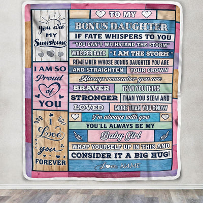 Personalized To My Bonus Daughter Blanket Gift From Stepmom Wood I Am The Storm Baby Girl Stepdaughter Birthday Graduation Christmas Customized Fleece Blanket | siriusteestore