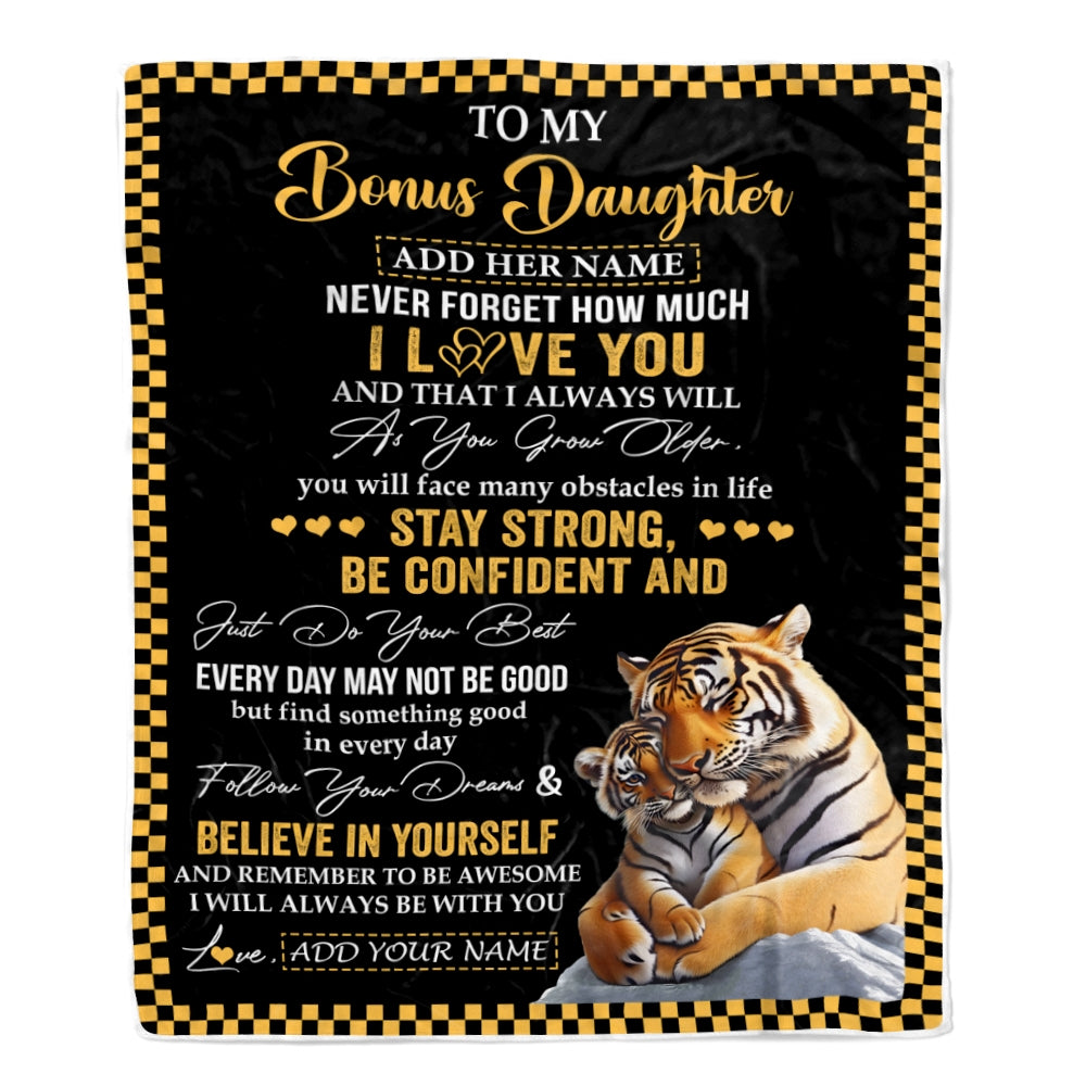 Personalized To My Bonus Daughter Blanket Tiger I Love You Forever From Stepmom Stepdad Stepdaughter Birthday Gifts Christmas Graduation Custom Fleece Blanket | siriusteestore